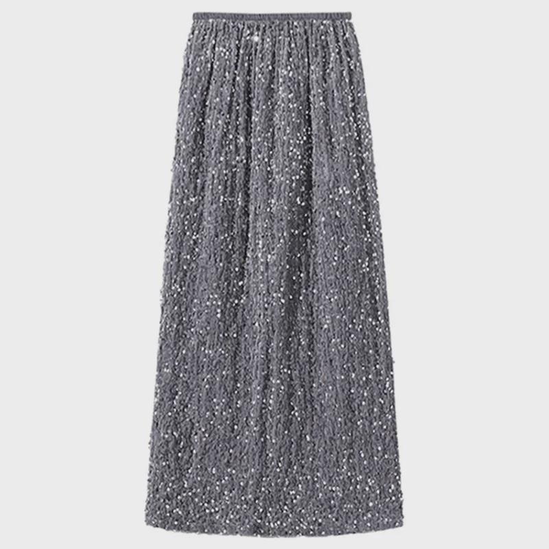 Maillard Damska Spódnica z Cekinowego Aksamitu - Lekki Luksus, Mocno Ozdobiona, Rozcięcie z Tyłu, Długość Midi, Prosty Krój