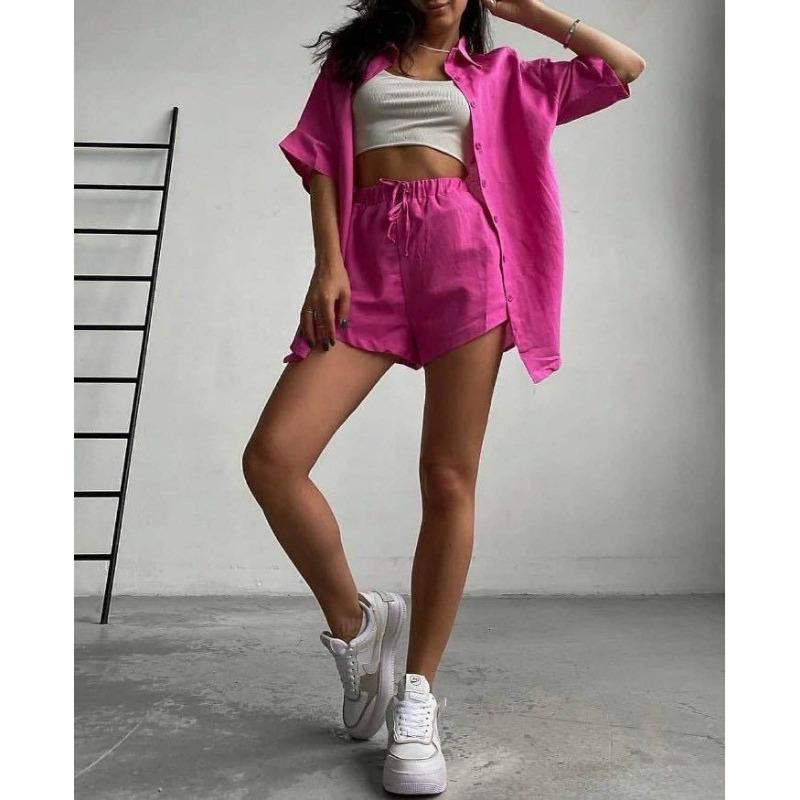 Damen Unifarbene Kurzarmhemd Shorts Lässiges Set