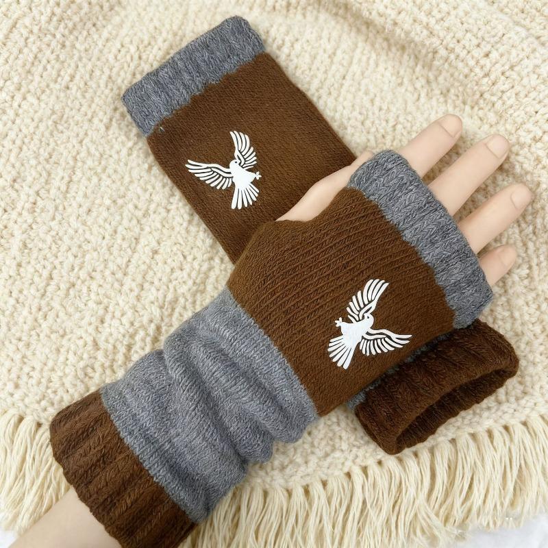 Gants en tricot sans doigts avec broderie de chat et patchwork, Gants décontractés ouverts aux doigts tendance pour femme, Mitaines chaudes d'hiver sans doigts