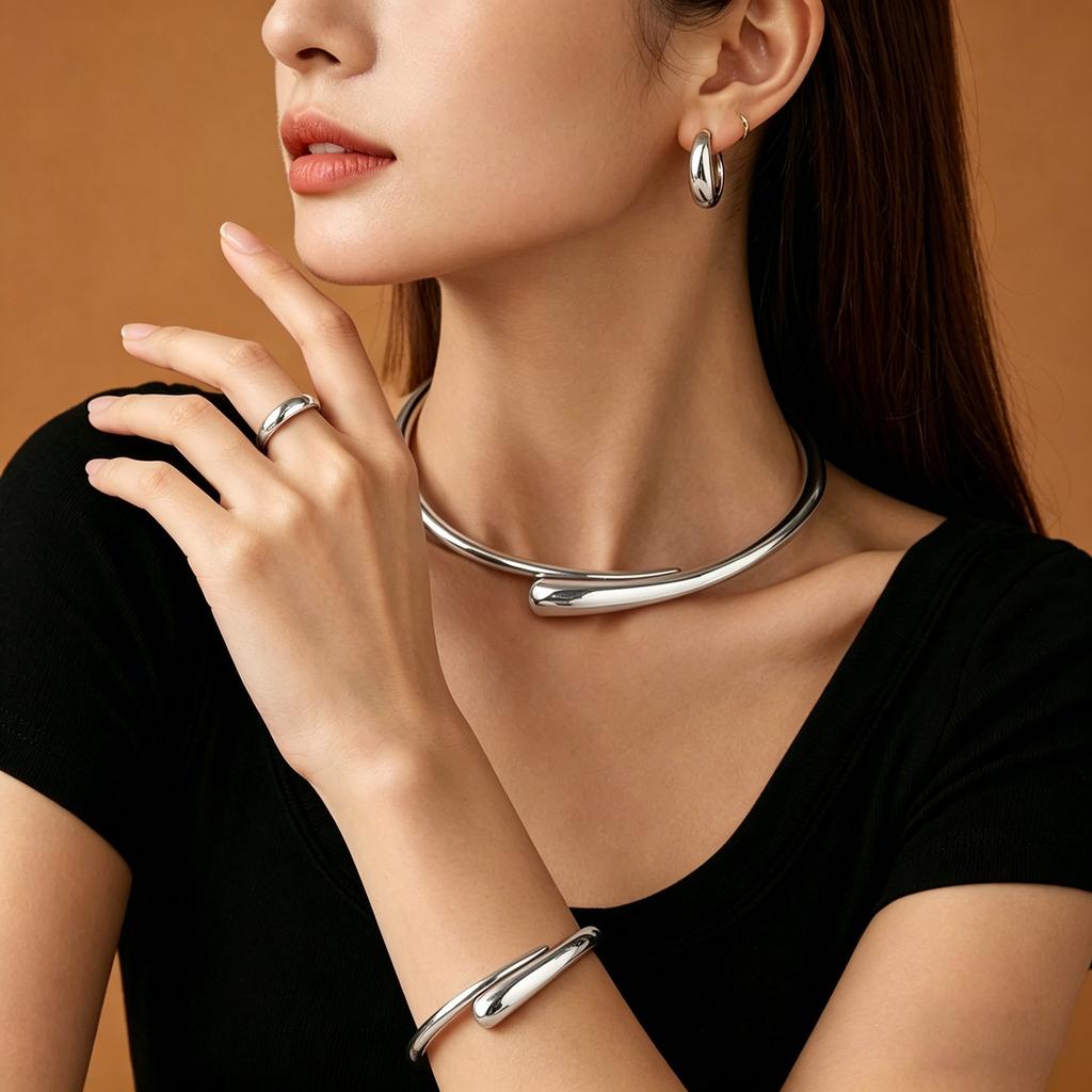Fashion Jewelry Set Personality Bracelet Women's Open Necklace Hip Hop Earrings Alloy Ring Necklace Set