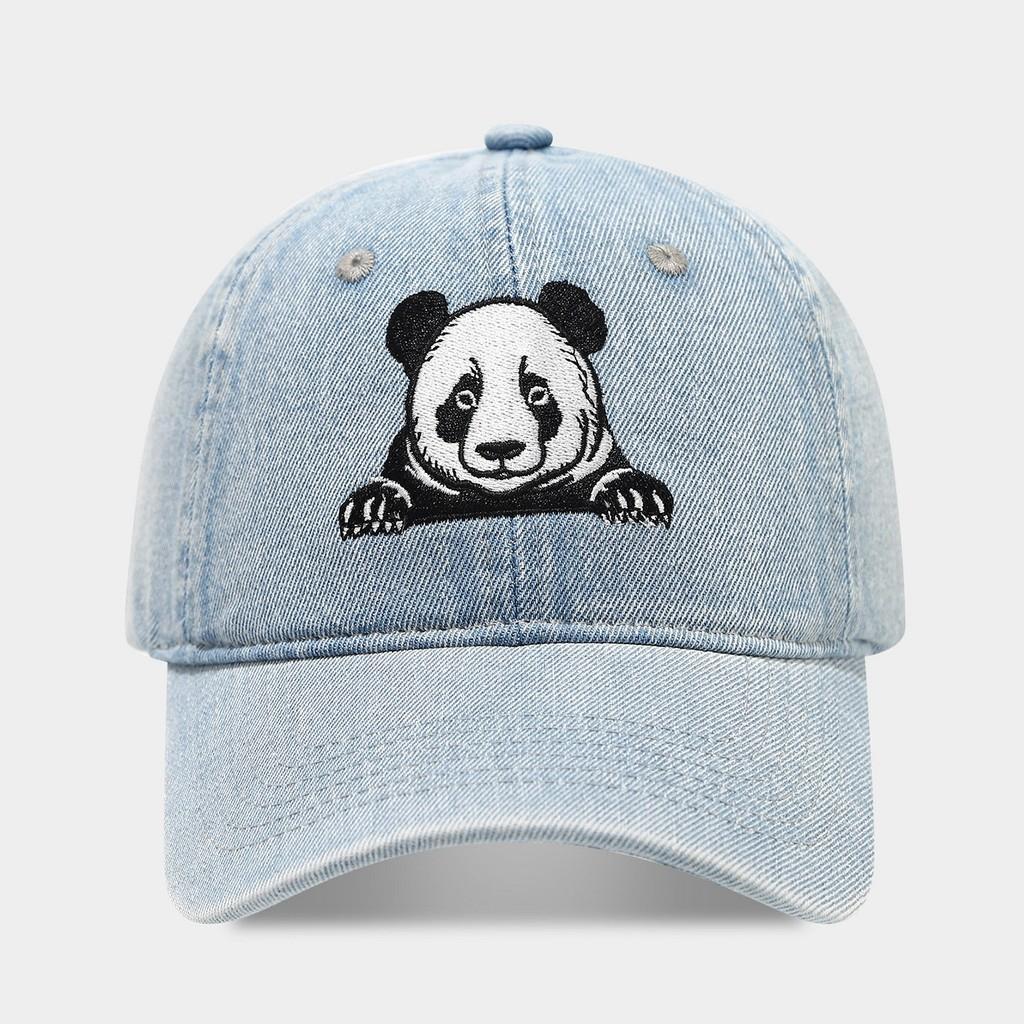 Bestickte Denim-Baseballkappe mit Panda und Sonnenschutz für lässige Sommerkleidung