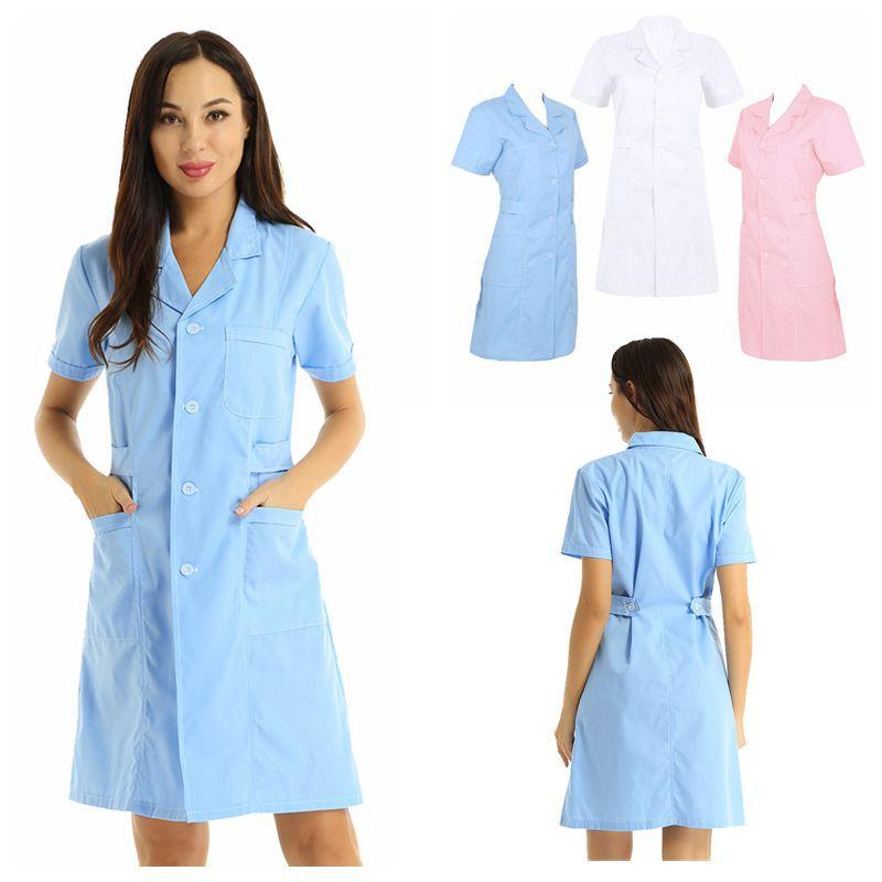 Solid Color Lab Coat Uniform Dress for Women Adults S-XXL - Short Sleeve with Lapel Collar and Button Front Hospital Scrub