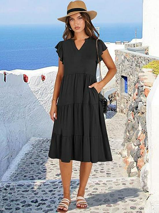 2025 Women's V-Neck Ruffle Sleeve Patchwork Midi Dress with Pockets