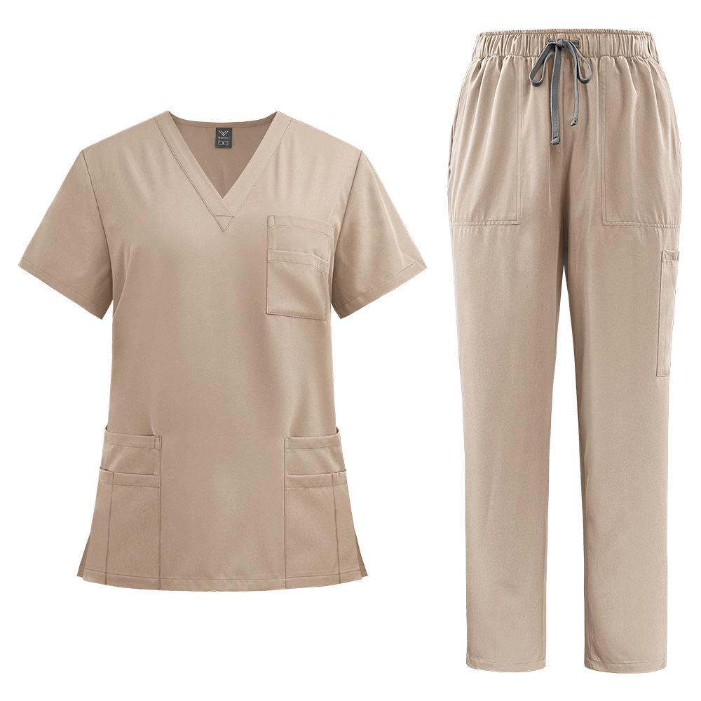Unisex V-Neck Medical Work Scrub Suit with Pockets and Straight-Leg Pants