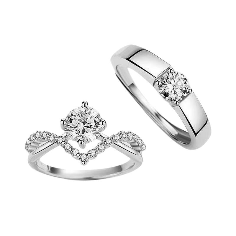 Platinum Gold-Plated Sterling Silver Rings with Diamond Inlay, Classic Four-Claw Crown Design, Matching Couple Style