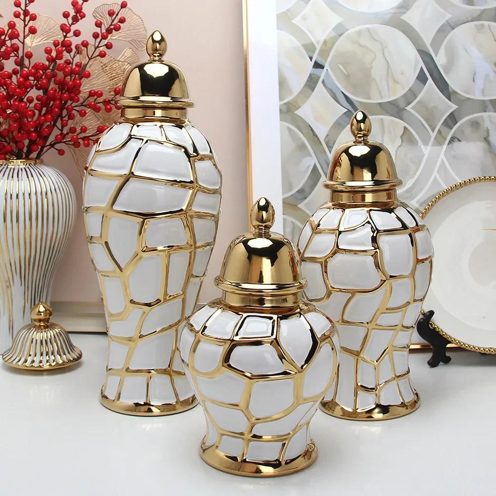 Ceramic General Jar Handmade Ginger Jar Golden Grid Porcelain Candy Storage Jar Art Decorative Tank Vase Home Decoration