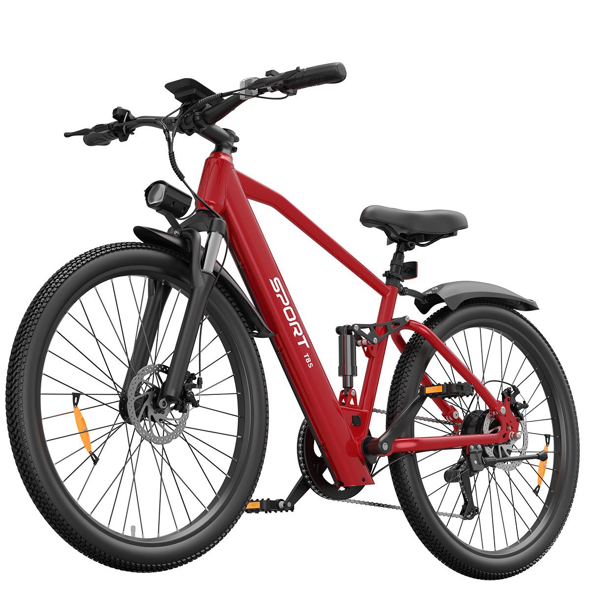 T8S Fully-Suspension Elektrofahrrad, Shimano 7-Gang-Schaltung, 26-Zoll-Reifen rot