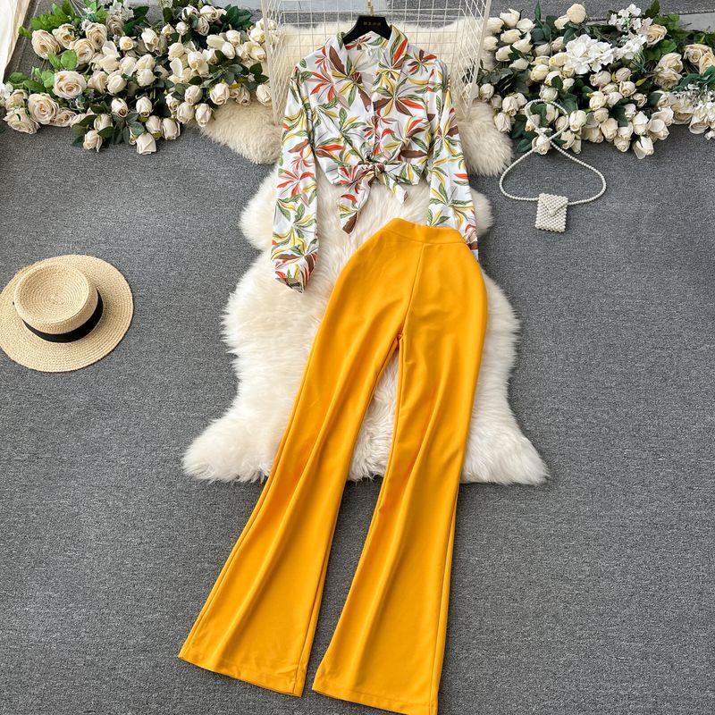 

Denim Casual Wear Fashion Ins Bootcut Pants Two-piece Set Yellow S