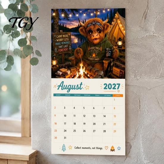 Nástěnný kalendář 2027 s kravami z Highlands Vtipný kalendář, Roztomilé hospodářské zvíře 12měsíční Akademický Skotský Závěsný plánovač pro Rustikální bytový dekor Dárek Milovníci