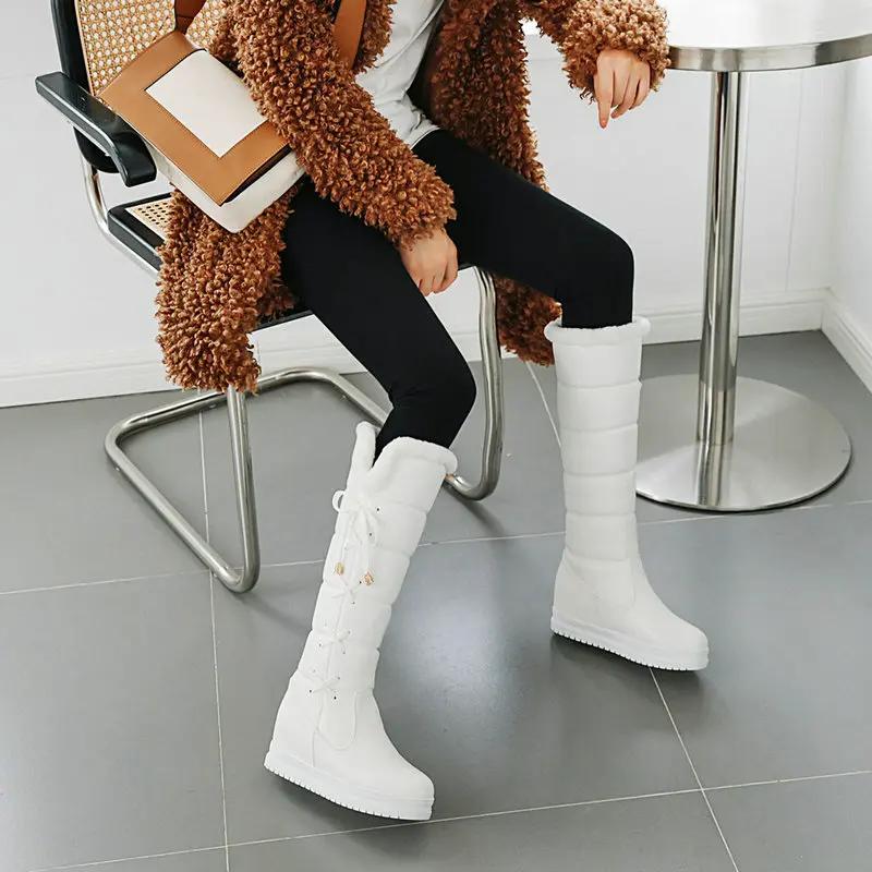 Winter Plush Warm Women Boots Comfortable Flat Knee High Boots Zipper Snow Boots Women Black White Pink Big Size 41 42 43