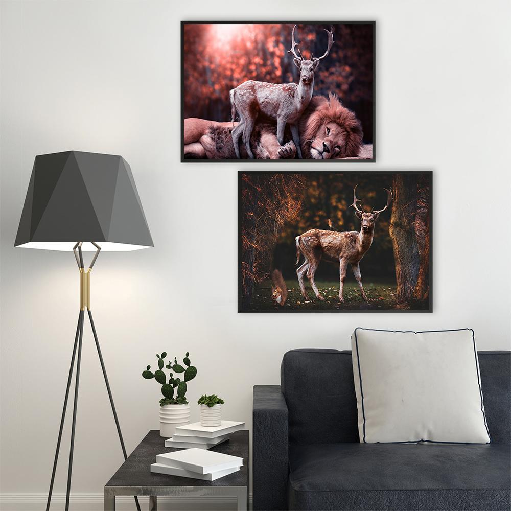 Docile Lion and Deer On the Canvas Painting Modern Animals Posters Prints Wall Art Pictures for Living Room Decoration Cuadros