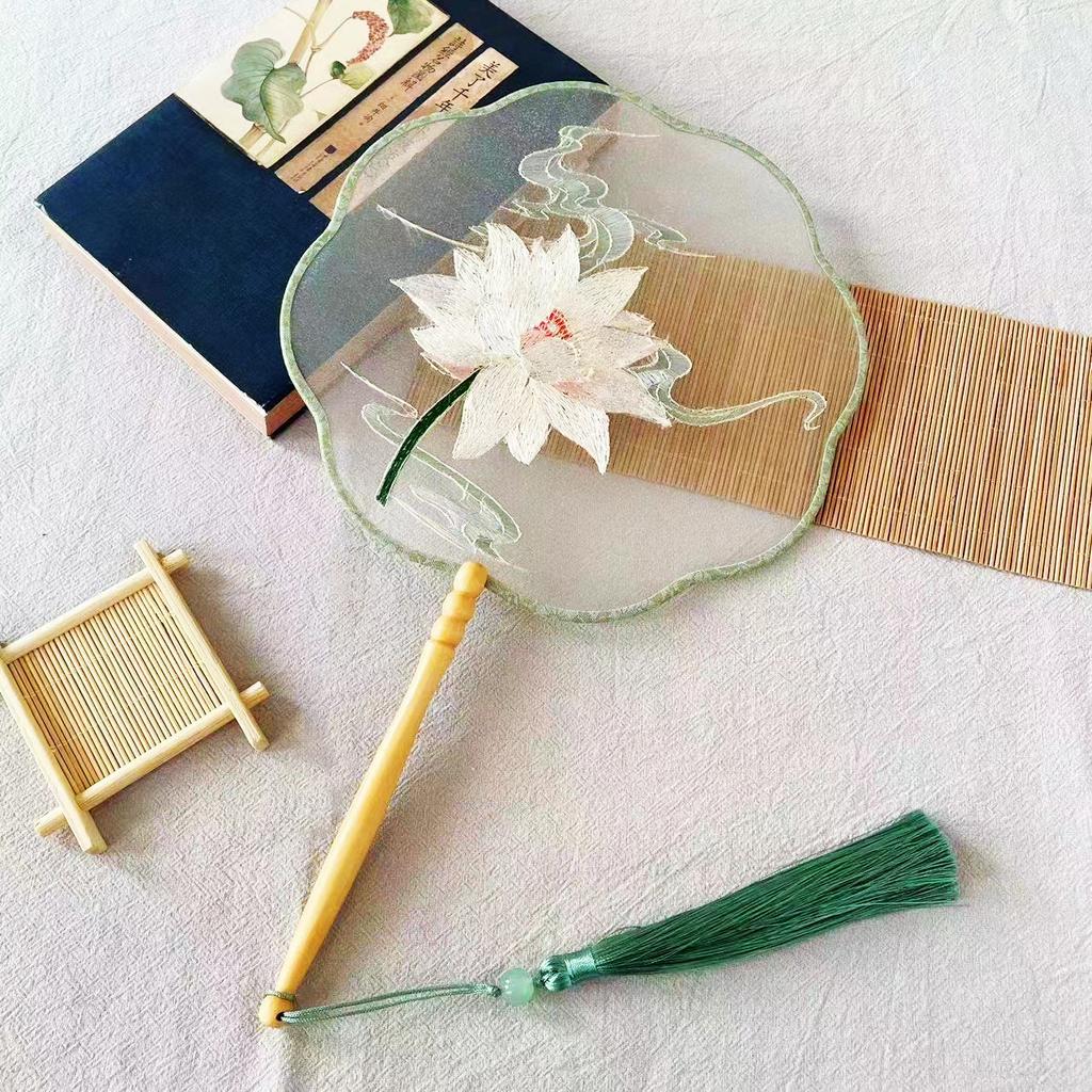 Embroidery Round Fan Classical Long Handle Group Fan Dance Fans Photography Props Home Decor