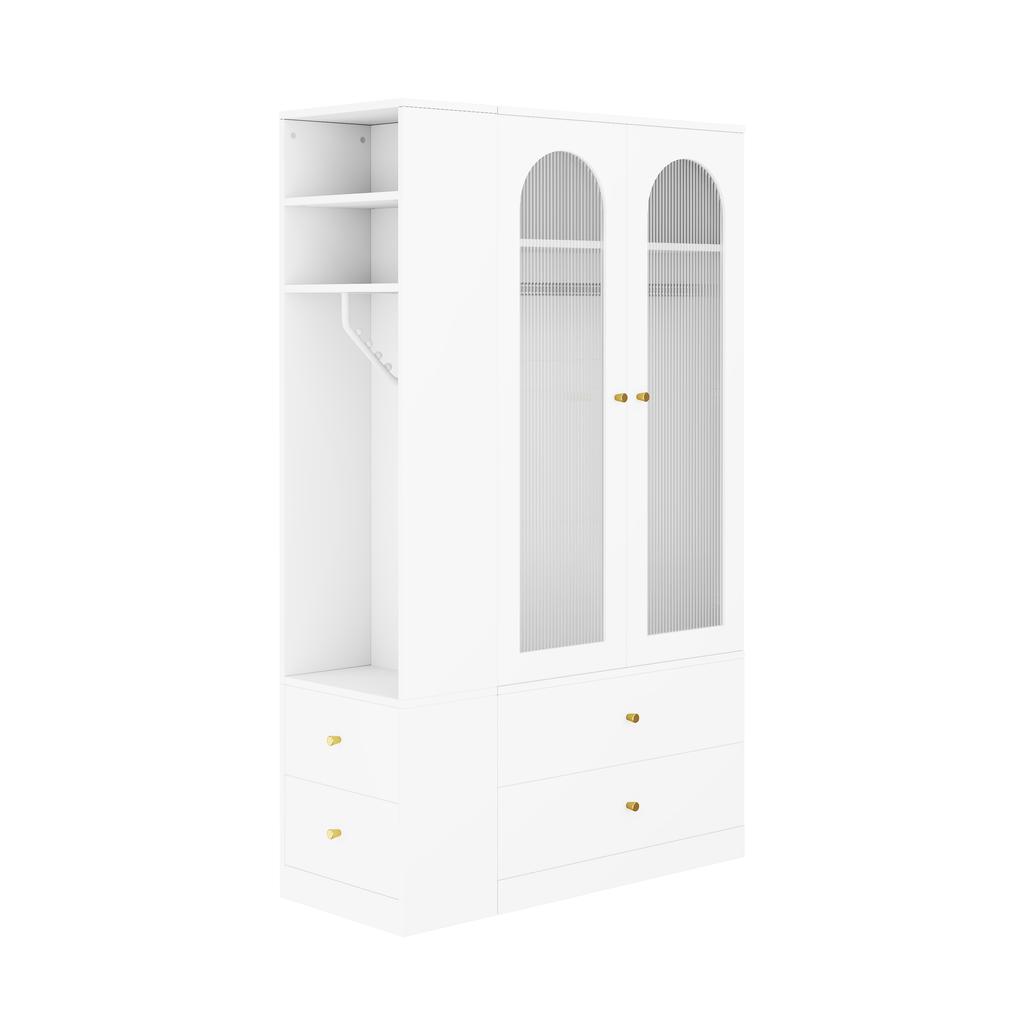 Kleiderschrank Weiß, 120 x 50 x 200 cm, 4 Schubladen, 2 Glastüren und 2 Kleiderstangen, Moderner Schlafzimmerschrank, für Schlafzimmer, Kinderzimmer, Büro