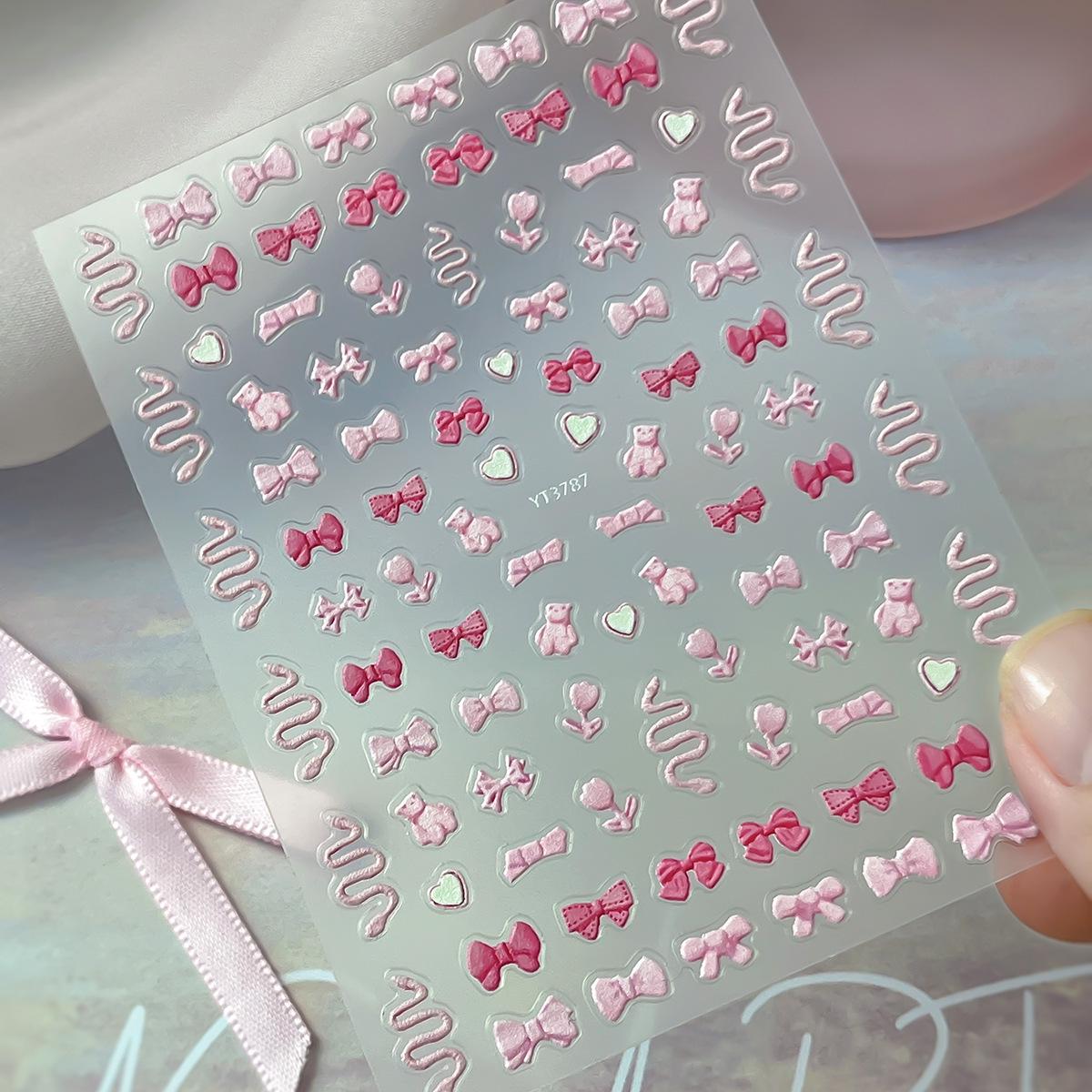 Pink Bow & Heart Nail Stickers - Cute & Sweet Girly Style (YT3787)