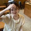 Korean Fresh Style Versatile Floral Ruffled Peter Pan Collar Blouse Women's Summer Ruched Chiffon Baby Doll Top