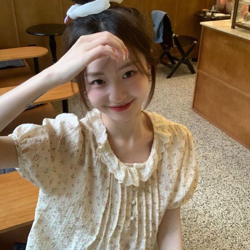 Korean Fresh Style Versatile Floral Ruffled Peter Pan Collar Blouse Women's Summer Ruched Chiffon Baby Doll Top