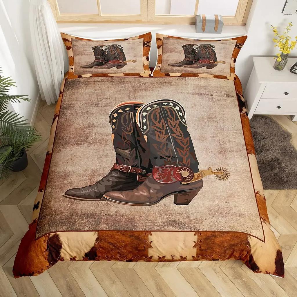 Western Cowboy Påslakanset Twin King Cowboys Stövlar Hatt Blommigt Sängklädesset Exotiskt Bondgård Ko-hud Lapptäcke Täcke