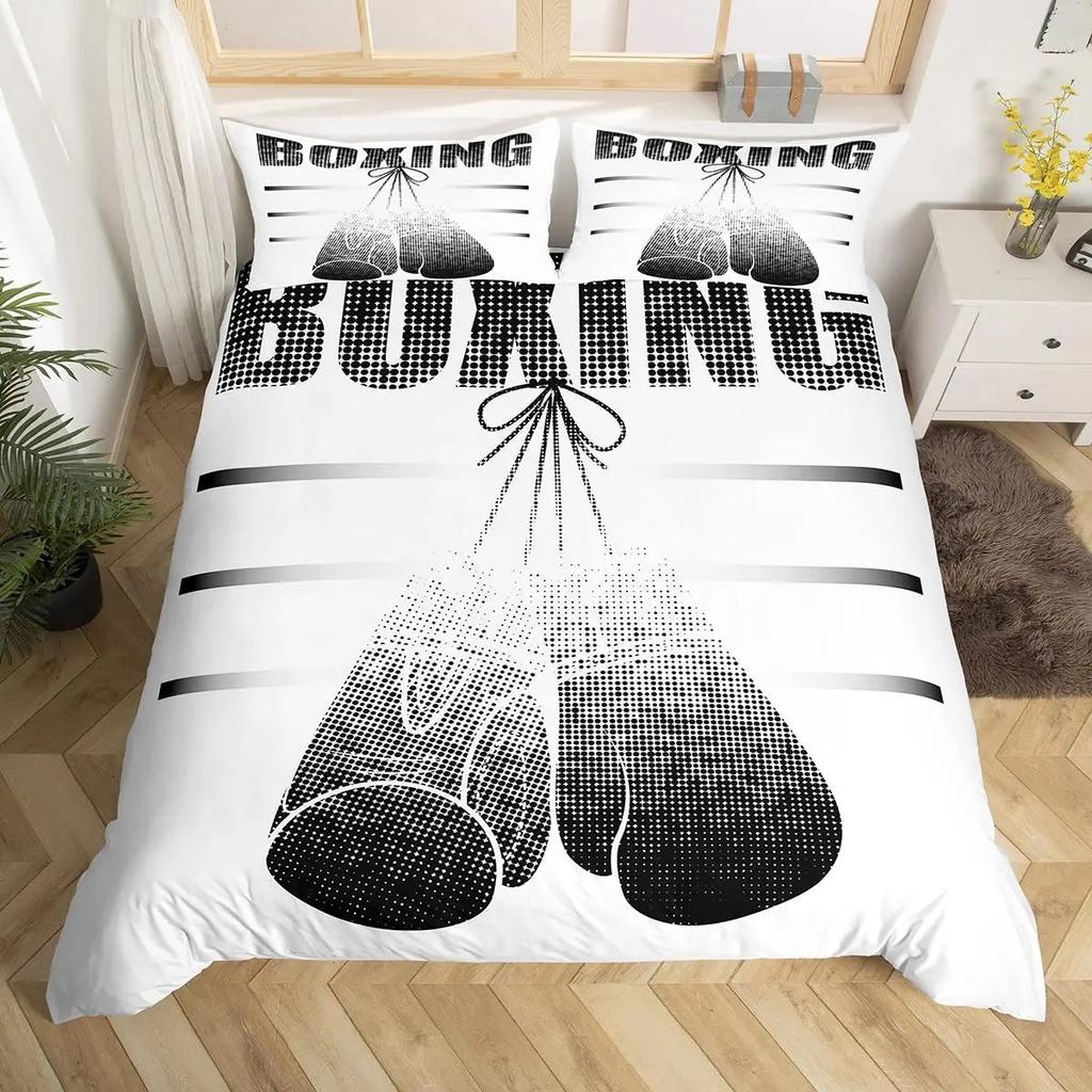 Boxing Sport Duvet Cover King Queen Golden Boxing Gloves Bedding Set Yellow Fire Print Comforter Cover Microfiber Quilt Cover