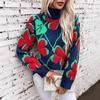 Loose Vintage Print Sweater Cardigan Knitwear Top Long Sleeve Stand Collar for Autumn Winter