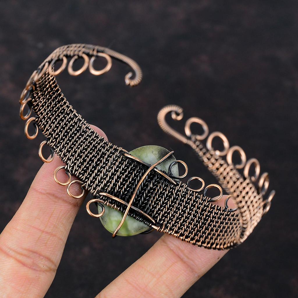 Green Aragonite Copper Bangle Copper Wire Wrapped Gemstone Jewelry Adjustable Cuff Handmade Jewelry Wire Wrapped Cuff Bracelet Gift For Her