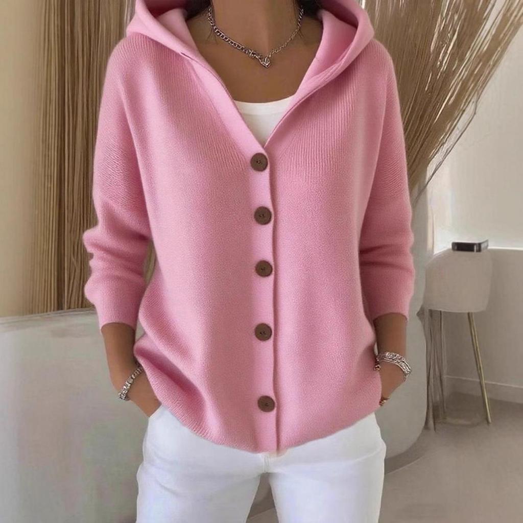 2025 Women’s Solid Color Button Knit Hooded Cardigan Sweater - Casual Fashion for Autumn & Winter