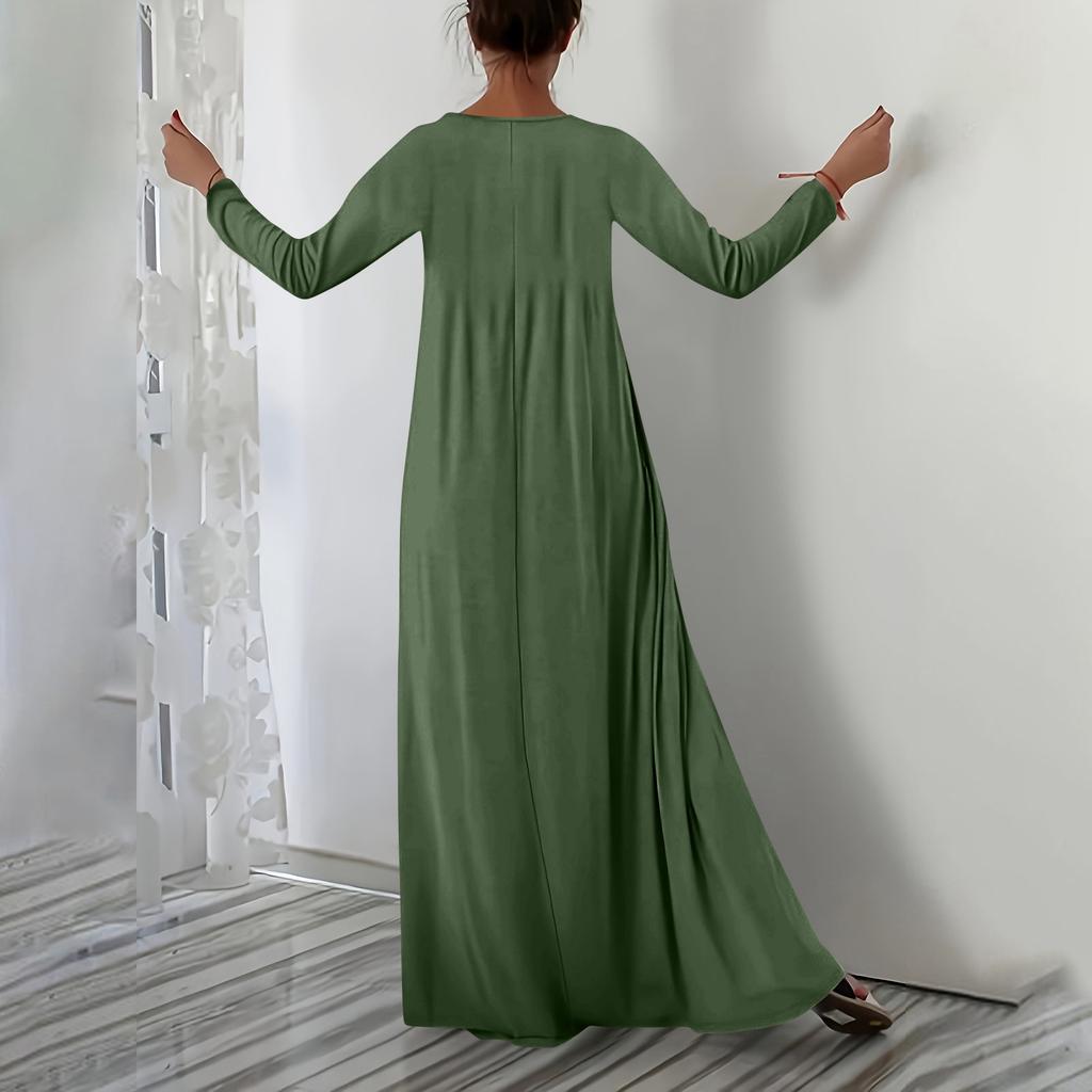 Damen Modisches Einfarbiges V-Ausschnitt Langarm Lässiges Locker Sitzendes Überziehkleid Lang