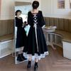 Langarm-Kleid für Damen, elegant, Schwarz, Allgleiches, Frühling, quadratischer Kragen, Vintage-Verband, Hepburn-Patchwork-Design