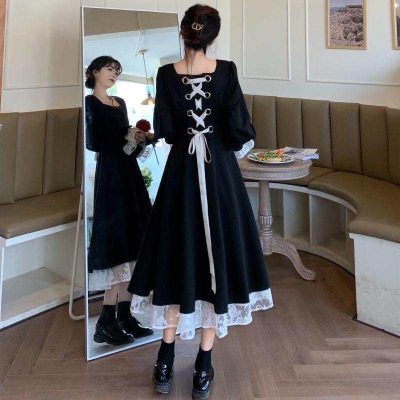 Langarm-Kleid für Damen, elegant, Schwarz, Allgleiches, Frühling, quadratischer Kragen, Vintage-Verband, Hepburn-Patchwork-Design