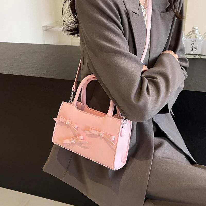 PU Zipper Ladies Crossbody Bags Sewing Thread  New Bow Decoration Shoulder Bags