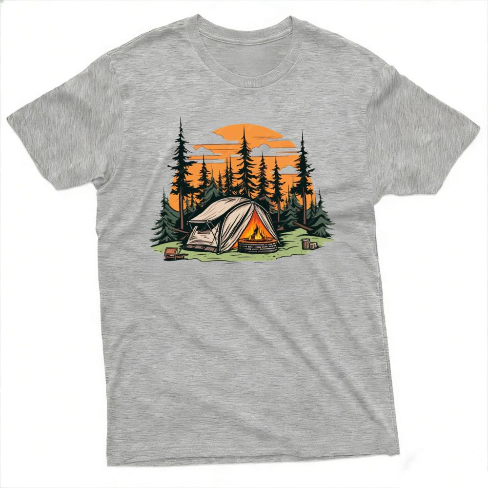 Sunset Forest Camp Tent Bonfire Graphic Tee Unisex Cool Outdoor Lifestyle T Shirt Relaxing Nature Vacation Clothes Tops