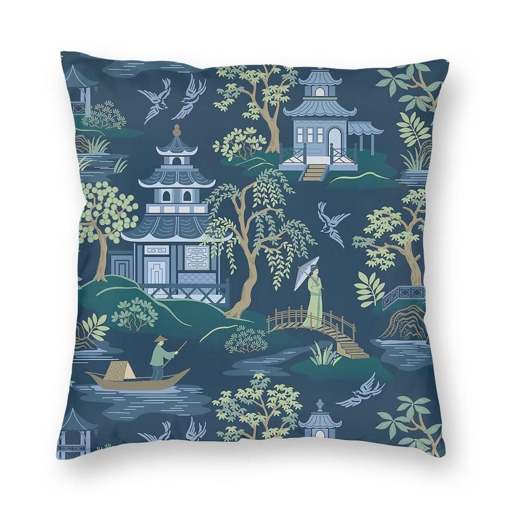 Chinoiserie Dark Blue Pavilion Square Pillowcase Polyester Linen Velvet Creative Decorative Throw Pillow Case Car Cover X