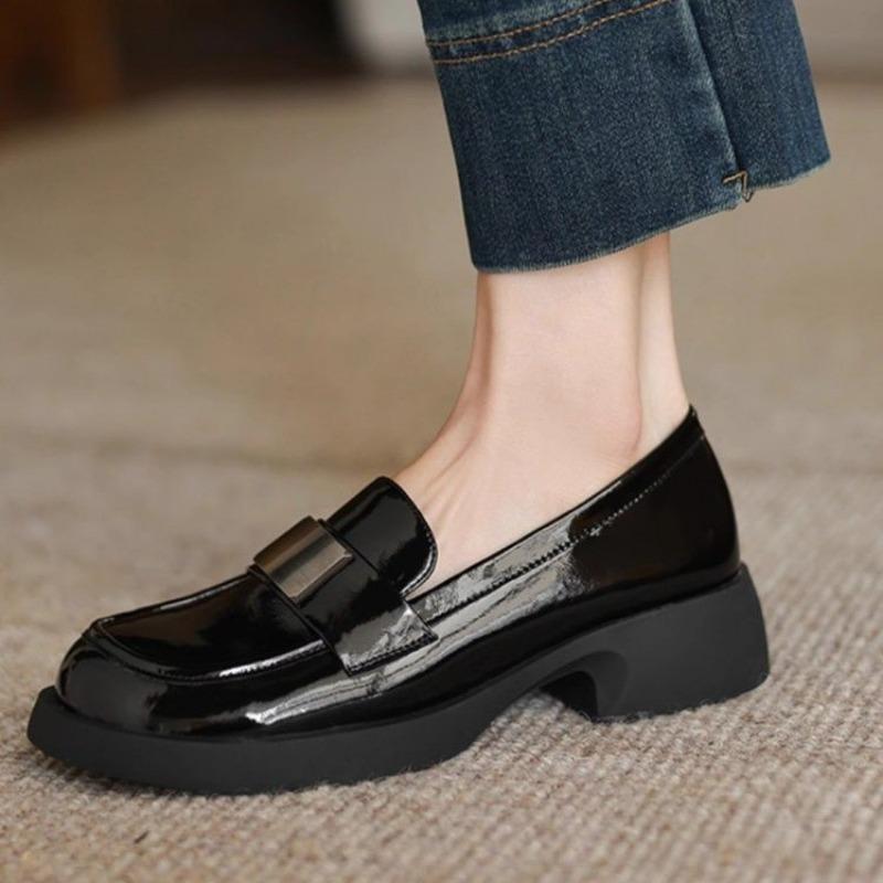 Fashion 2025 Women Thick High Heel Loafers Genuine Leather Round Toe Ladies Patent Leather Trend Casual Shoes