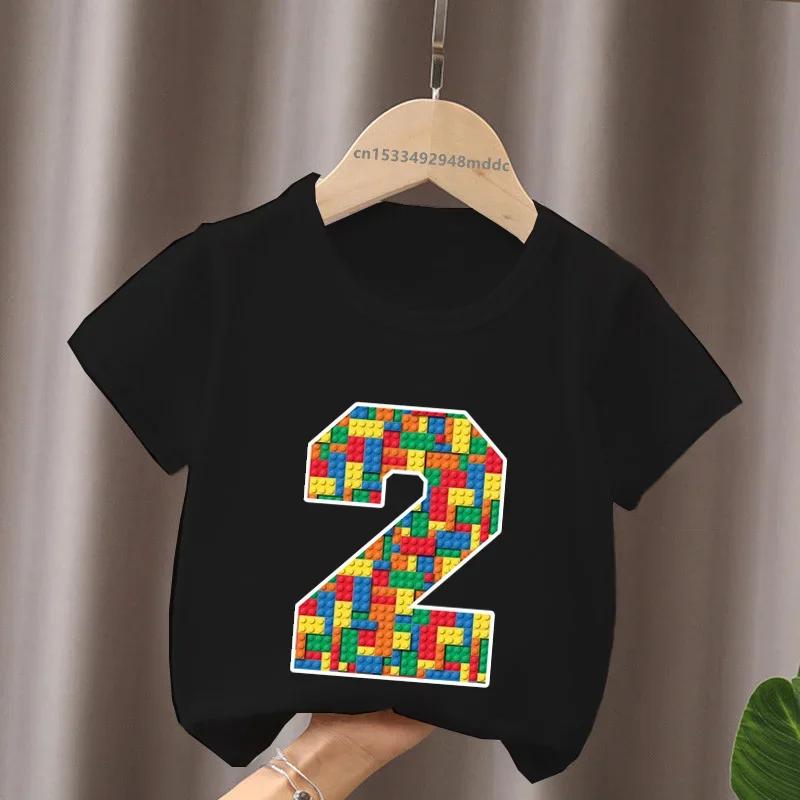 Cartoon Building Blocks Bricks Print Kids TShirt Number Tees for Boys And Girls Funny Birthday Baby Top 29 Years