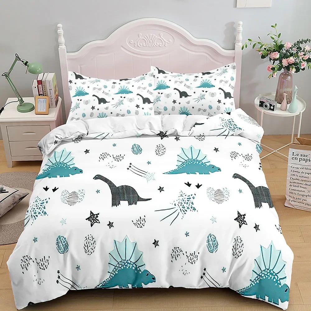 Kids Cartoon Dinosaur Bedding Set KingQueenFull Size Cute Animal World Duvet Cover Orange Yellow Polyester