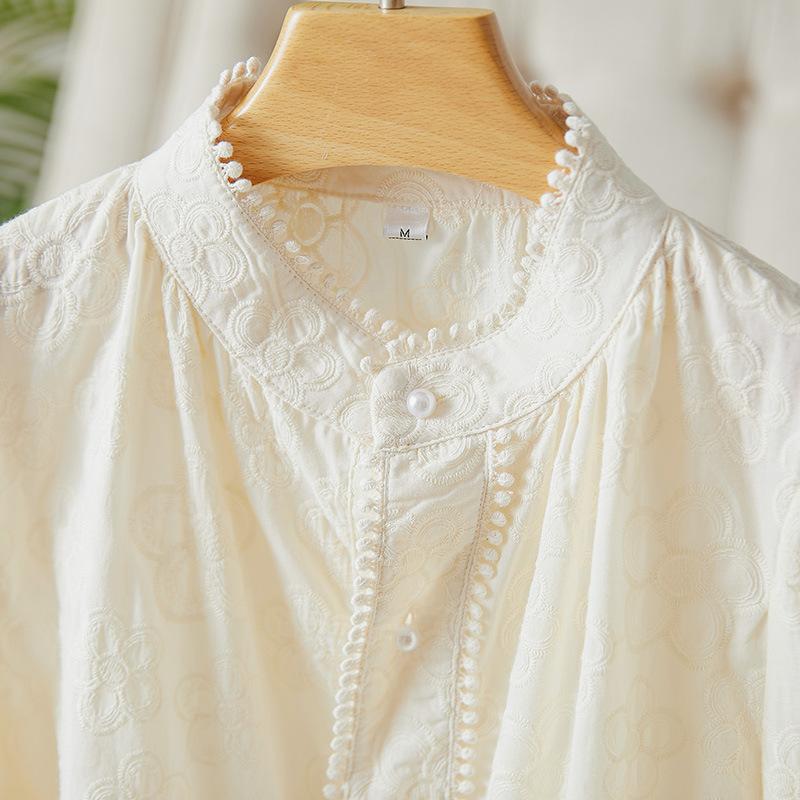 Crew Neck Shirt New Pearl Buckle Embroidered Top Pure Cotton Temperament Shirt