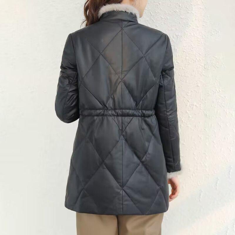 Winter Women's Thickened  Padded Jacket Stand Collar Slim Fit Padded PU Leather Coat