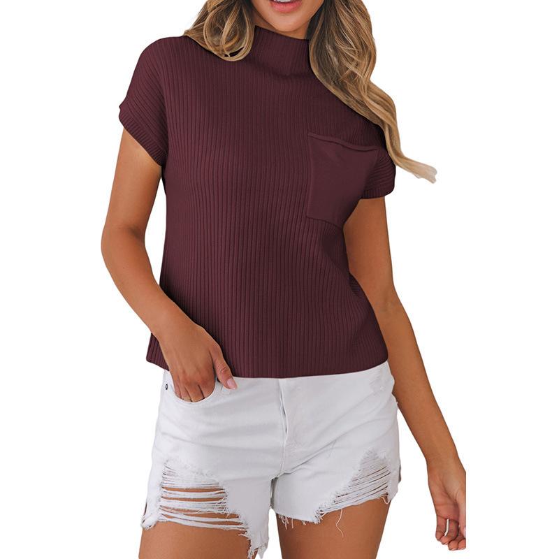 2025 Women's High Neck Short Sleeve Ribbed Knit Pullover – European & American Fashion