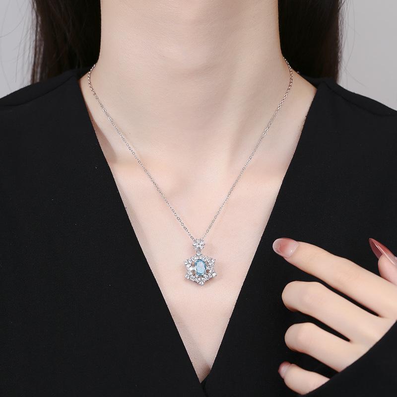 Women's S925 Sterling Silver Necklace with Aquamarine, Padparadscha, and High Carbon Diamond Pendant