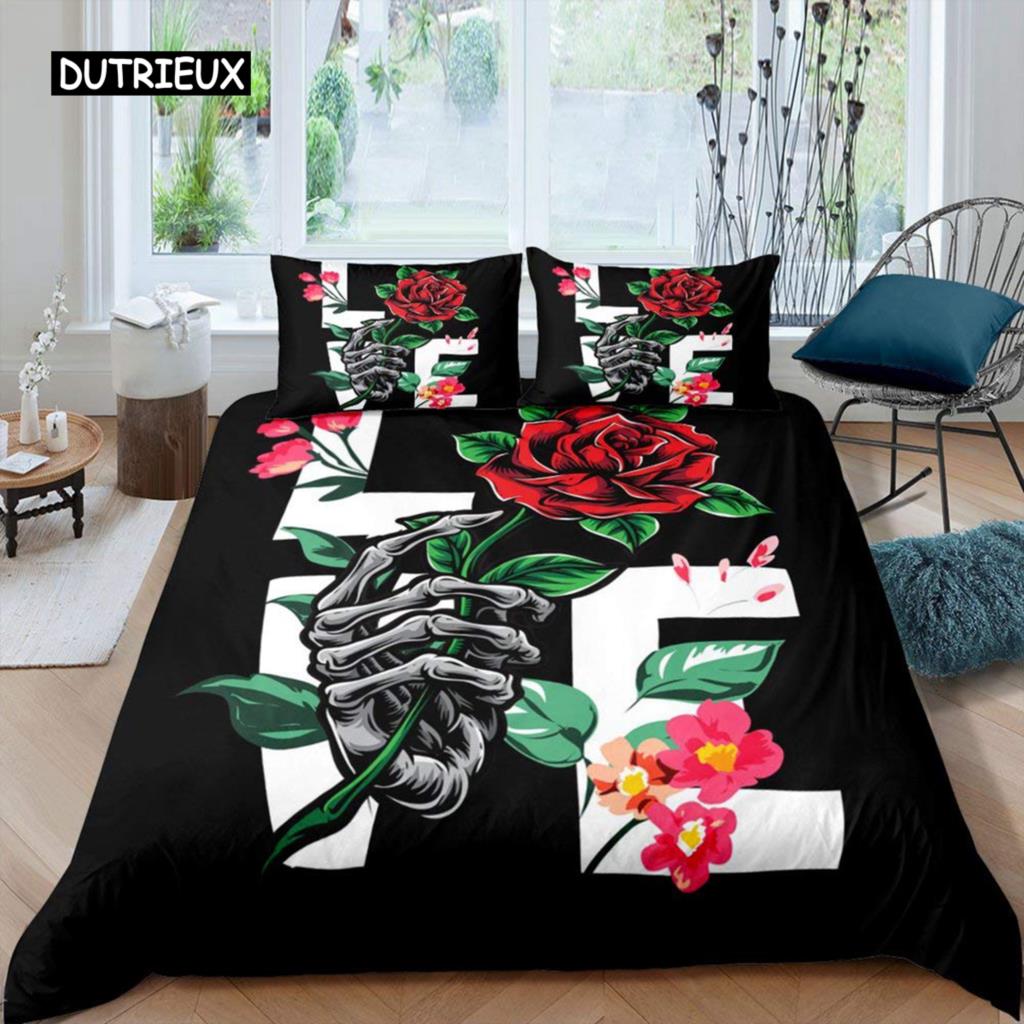 

Comfortable SkinFriendly Gothic Sugar Skull Bone Skeleton Hand Rose Leaves Romantic Flowers Polyester Comforter Quilt Comforter (quilt)-EU Single(135*200cm)3pcs