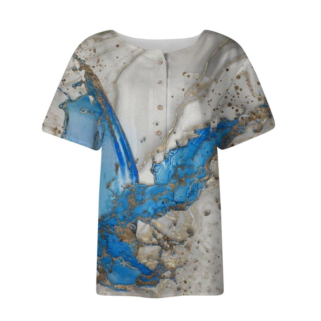 Damen Sommer Casual Fashion Baumwolle Leinen bedruckt Damen Kurzarm Shirt Tops