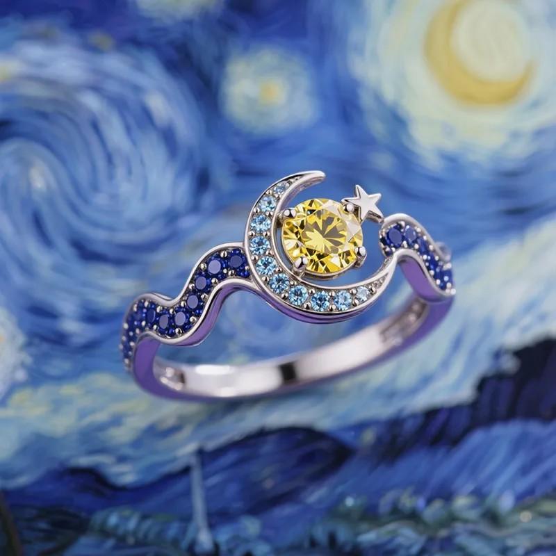 2026 Micro-inlaid Zircon New Crescent Moon Star and Moon Ring European and American Water Wave Yellow Diamond Sun and Moon Engagement Ring Woman us size 6