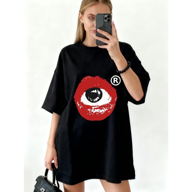 Übergroßes T-Shirt-Kleid Schwarz Mit Augen- Und Lippenprint Mit Eingetragenem Warenzeichen Grafik Lässige Streetwear Mode Statement-Stück Für Damen