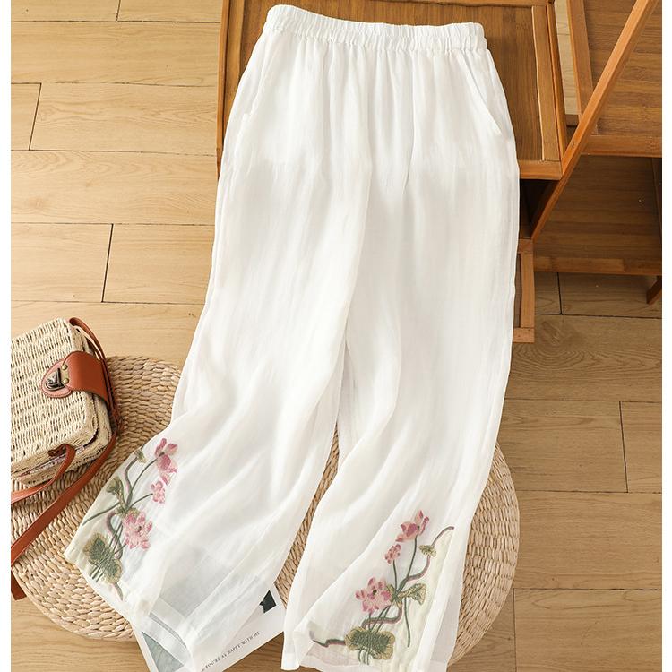 Dámské letní vintage vyšívané kalhoty plus size volného širokého střihu z bavlny a lnu s elastickým pasem, dovolenkové harémky v etnickém stylu