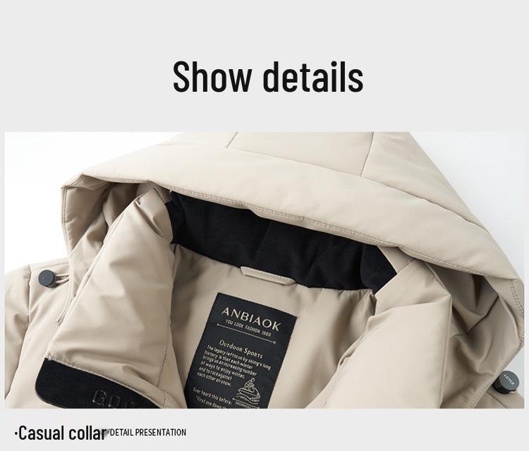 Men's 2024 Winter White Duck Down Hooded Mid-Length Jacket - Detachable, High-End Business Casual Style