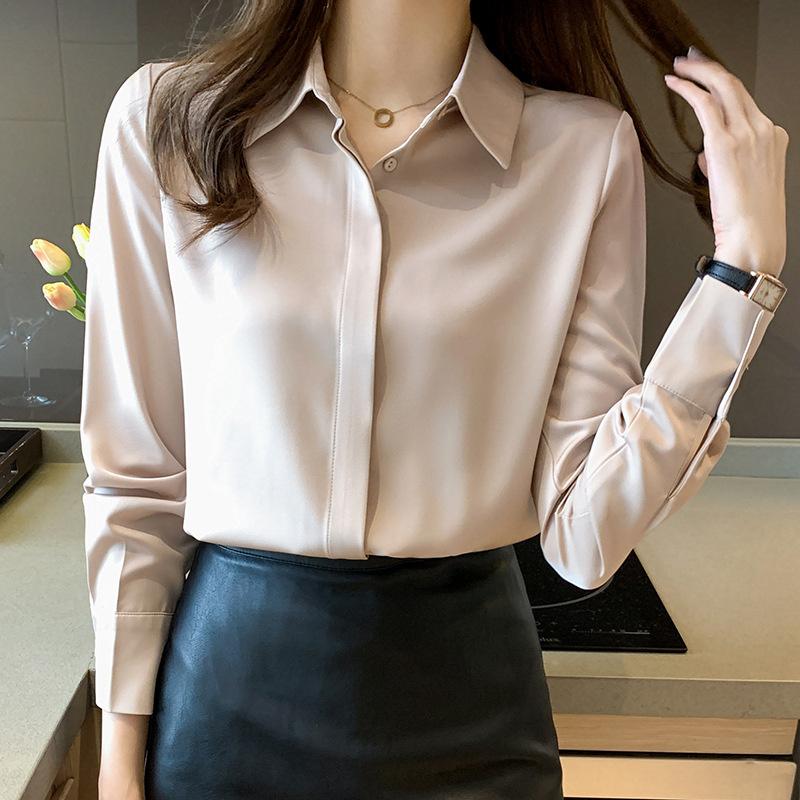 2026 Spring New Satin Long-Sleeve Shirt for Women, Elegant Chiffon Blouse, Ladies' Casual Solid Color Top