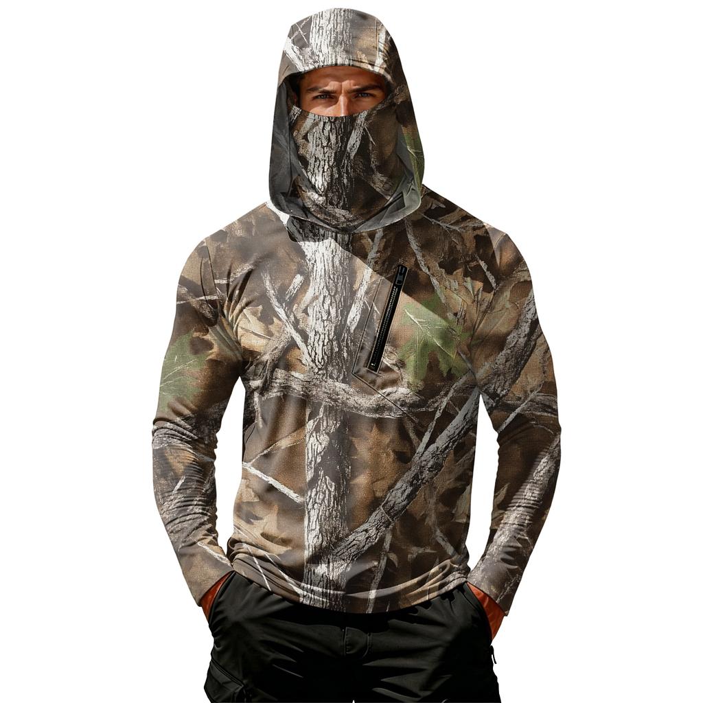Men's Casual Leaf Camouflage Print Hoodie Long Sleeve Sun Protection Jacket Lightweight Breathable Outdoor Pullover with Zipper Pocket