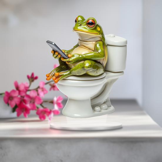 Frosch auf Toilette Acryl-Dekoration, 2D Lustige Badezimmerregal-Figur, Niedliche Zusammengebaute Statue für Schreibtisch Wohnzimmer Büro, Humorvolles Geschenk für Freunde