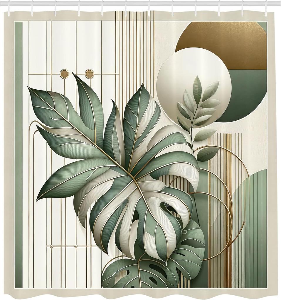 Green Shower Curtain, Sage Tone Monstera Leaf with Mid Century Details Bohemian Print Modern, Cloth Fabric Bathroom De