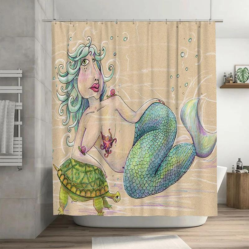 

Fantasy Sea Life Mermaid Turtle Shower Curtain Home Decor Wall Hanging Waterproof Fabric Artistic Print Bathroom Decorations (Ye W90xH180cm