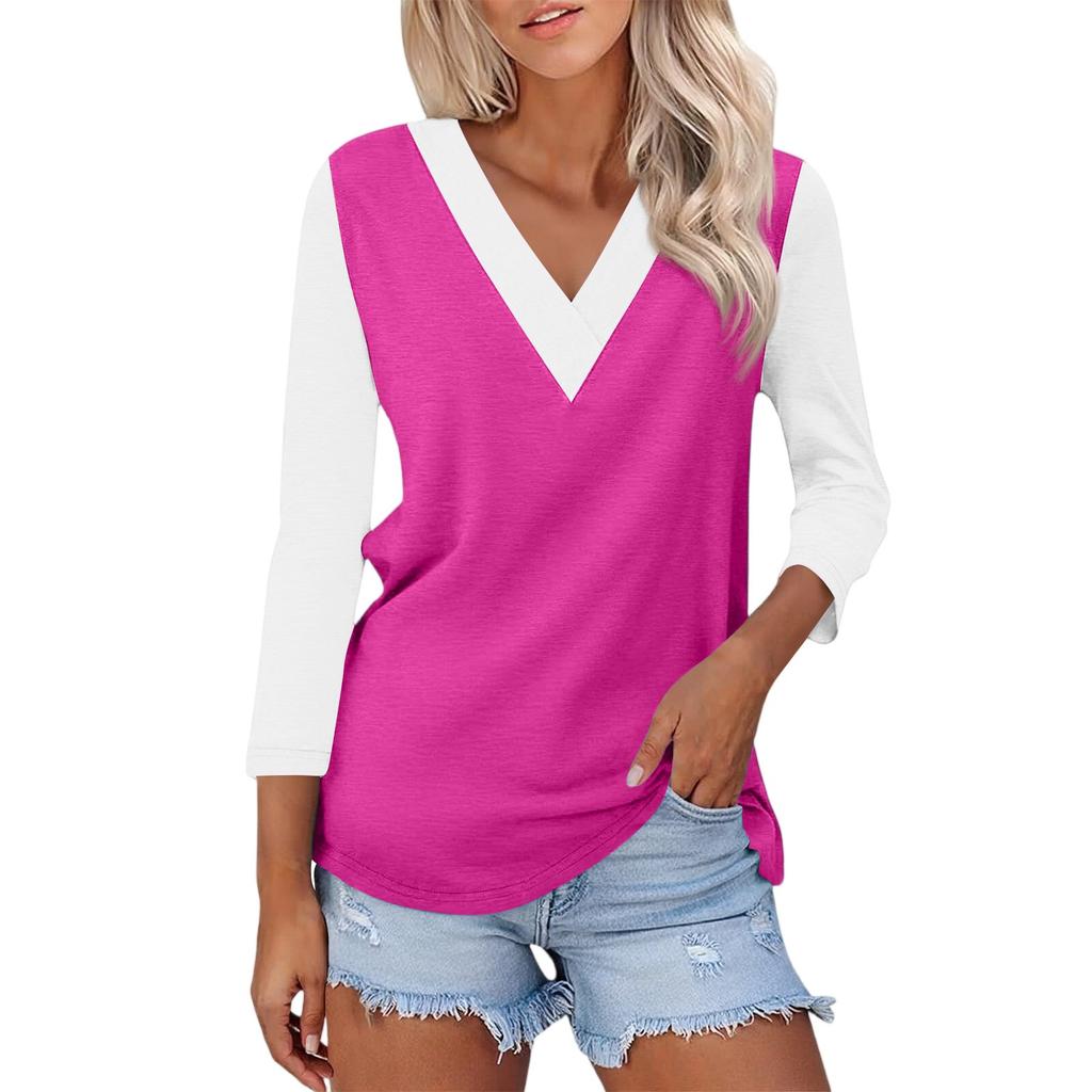 Damen Casual Mode Sexy Bequem V-Ausschnitt Farbblock Dreiviertelarm Top
